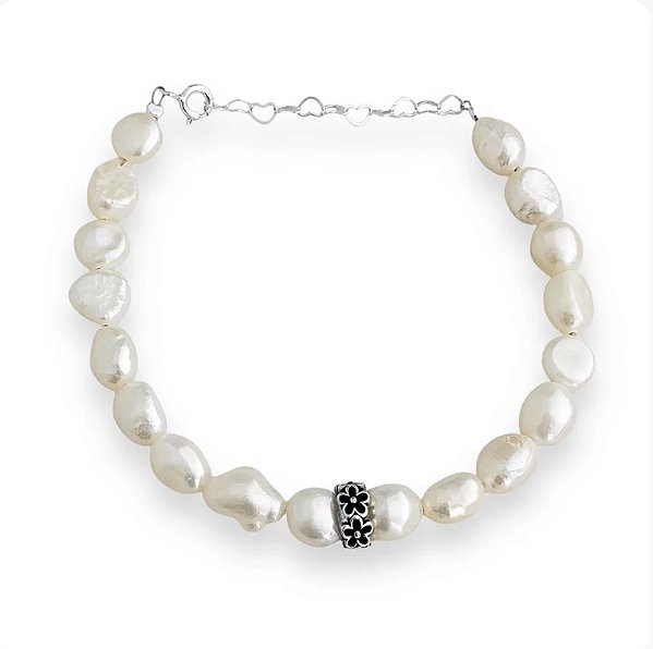 Pulseira em Prata925 de Pérola Arroz Amassada com Biwa Moeda