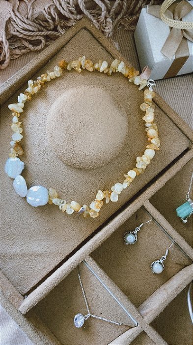 Gargantilha em Prata925 - Pedra Natural Citrino + Pérola Barroca