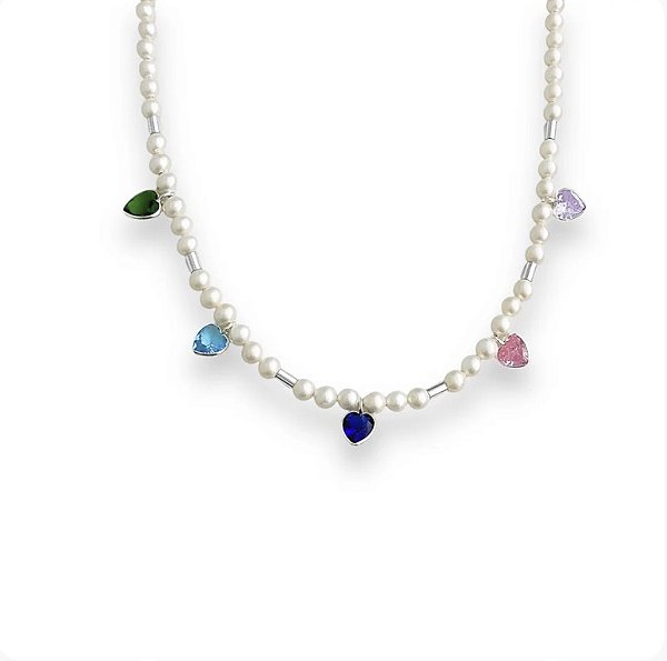 Gargantilha em Prata925 de Pérolas Shell com Zircônias Coloridas