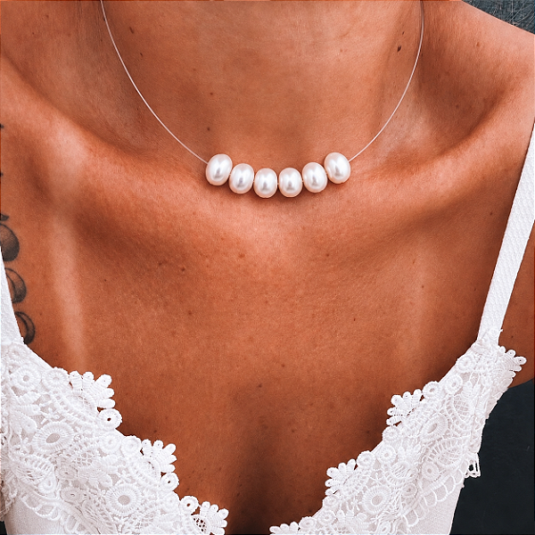 Gargantilha Fio de Nylon com Pérolas Rondel em Prata 925