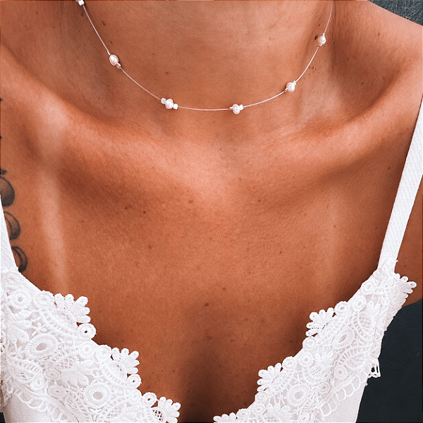 Gargantilha Fio de Nylon com Pérolas em Prata 925