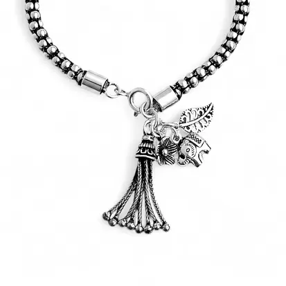 Pulseira em Prata925 - Pipoca Envelhecida com Pingentes Boho no Fecho