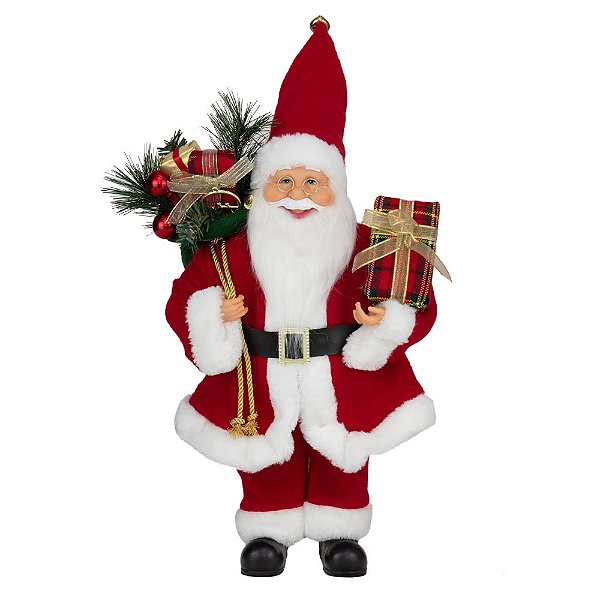 Enfeite Papai Noel Com Caixa Presente Xadrez Vermelho Branco E Verde 60cm