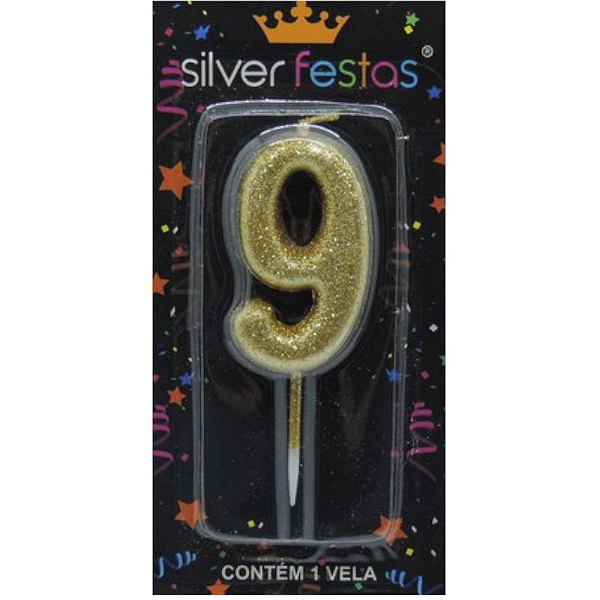 Vela de Aniversário Pequena Dourada Glitter Número 9