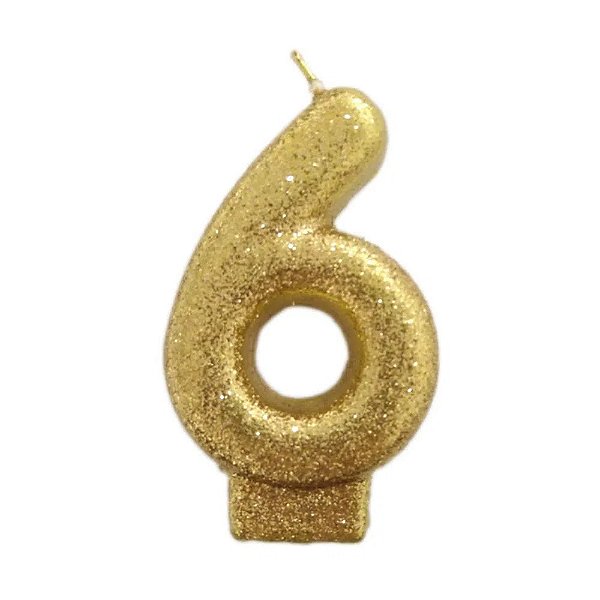 Vela de Aniversário Glitter Dourado 7,5cm Número 6 com 1 unidade