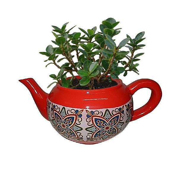 Vaso Cachepot Cerâmica Teapot Floral Vintage Vermelho