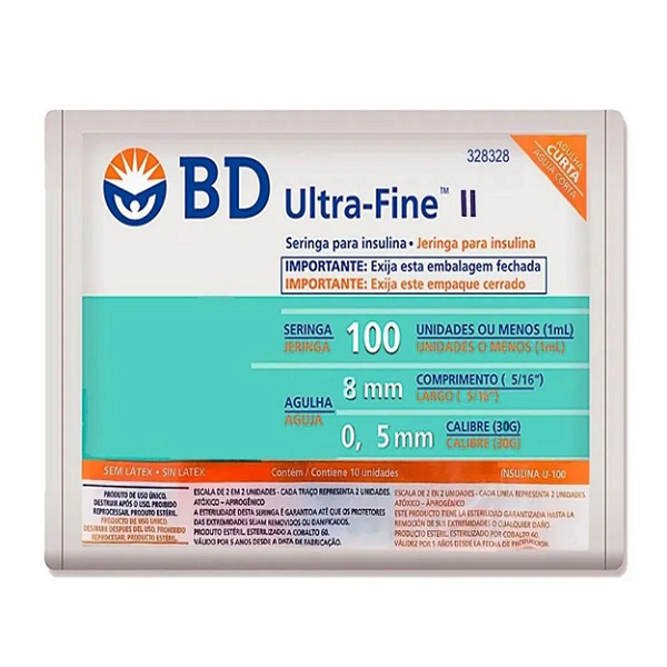 Seringa BD Ultra-Fine 100 UI com Agulha de 8mm 10 Unidades