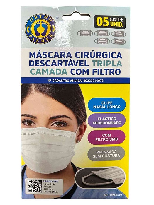 Máscara Cirúrgica Descartável Tripla Camada com 5 Ortho Pauher