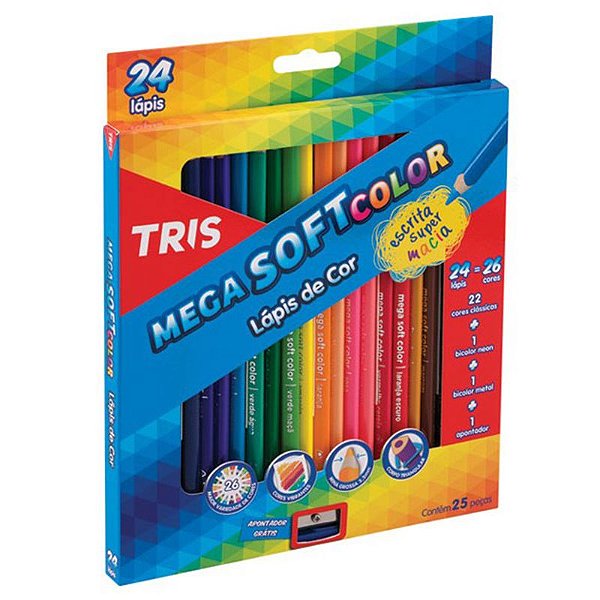 Lápis de Cor TRIS MegaSoft 24 Lápis (26 cores) + Apontador