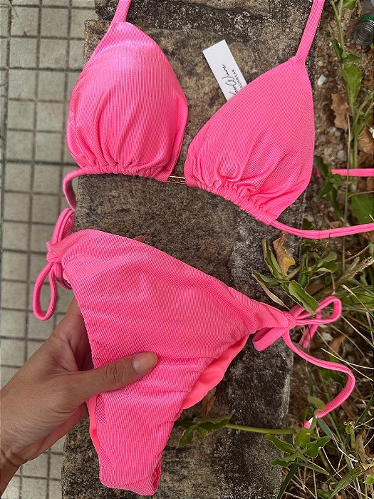 Biquíni Cortininha Rosa Neon Calcinha Lacinho