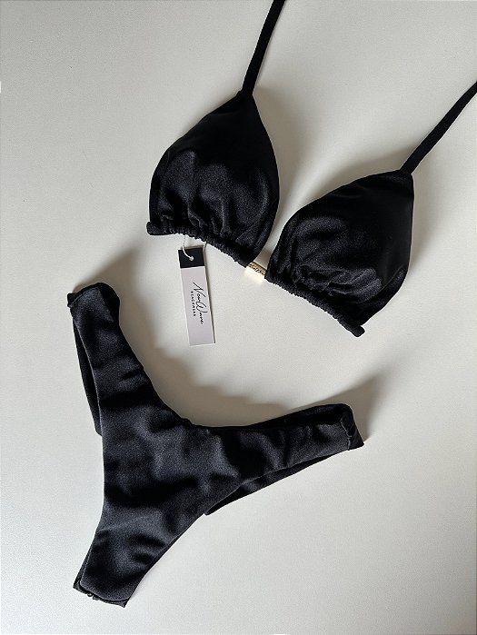 Biquíni Cortininha Preto Calcinha Asa Delta