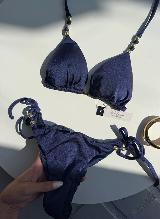 Biquíni Cortininha Azul Marinho Calcinha Lacinho
