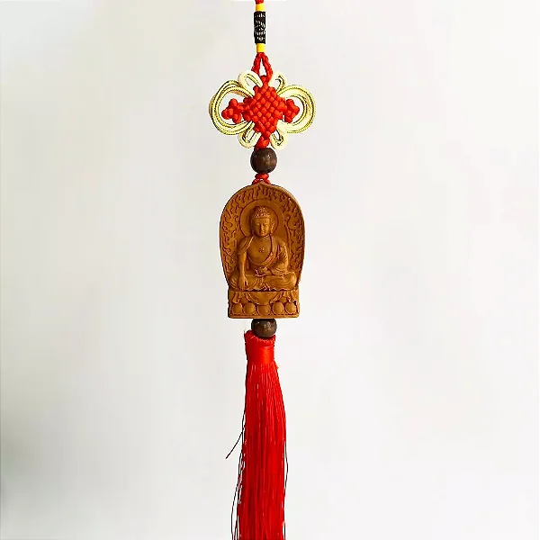 Talismã Nó Chinês Vermelho Buda de Madeira para Boa Sorte, Proteção e Riqueza