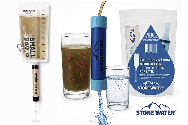 Kit Sobrevivência Filtro de Água Portátil com Bolsa Dobrável 1000 mL + GANHE 2 Acessórios