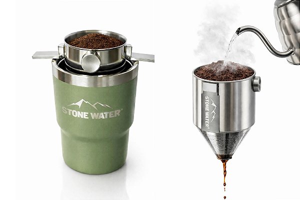 LANÇAMENTO Kit Café Portátil Stone Water | Thermo Stone Mini 350ml + Mini Flow (Coador Inox) | Café Perfeito em Qualquer Lugar