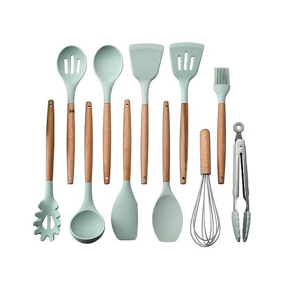 Kit 12 Peças Utensílios de Cozinha Colher Espatula Fue Pincel Cor Verde