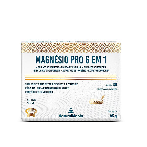 Suplemento alimentar de Extrato Cúrcuma e Magnésio Quelato em comprimidos revestidos Magnésio PRO 6 em 1 (30caps)