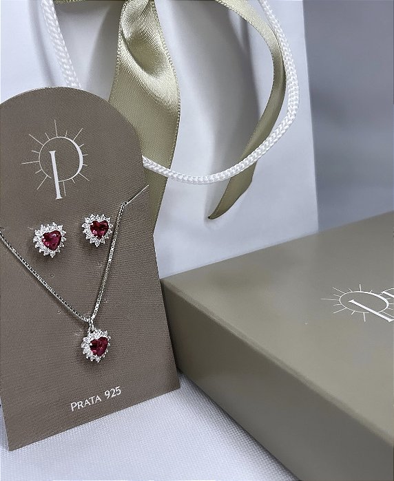 Conjunto de Prata Cravejado Colar e Brincos Pink