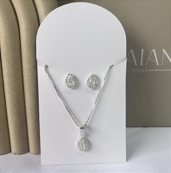 Conjunto Colar e Brincos de Prata Gota Zircônia