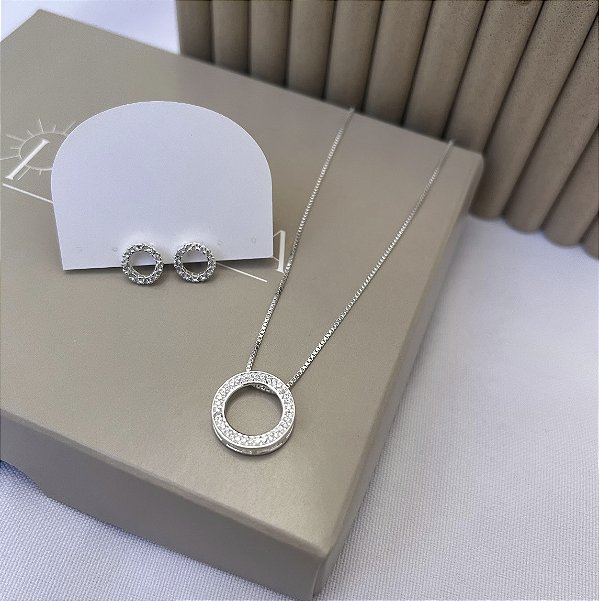 Conjunto de Prata Colar e Brincos Círculo Cravejado