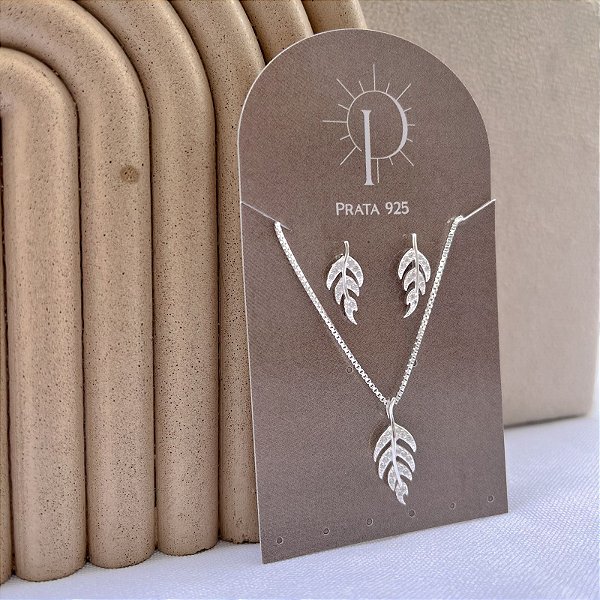 Conjunto de Prata Ramo de Folhas Cravejado