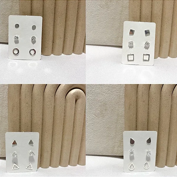 Trio de Brincos Geométricos Com Ponto de Luz Prata 925