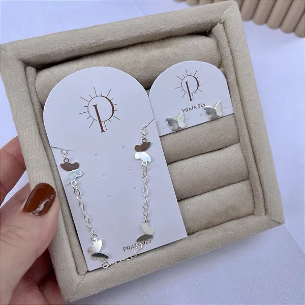 Conjunto de Prata Pulseira e Brincos Borboleta Cheia Prata 925
