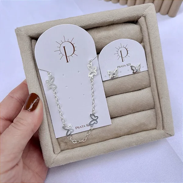 Conjunto de Prata Pulseira e Brincos Borboleta Vazada Prata 925