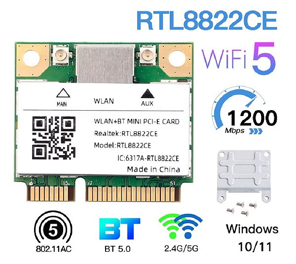 Placa de Rede WiFi Realtek RTL8822 Dual Band (2.4/5 Ghz) com Bluetooth para Notebooks