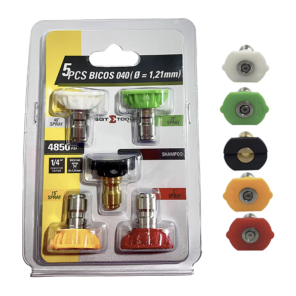 Kit 5 Bicos 040 (Diam. 1,21MM) – 1un 25° | 1un 15° | 1un 40° | 1un 0° | 1un Shampoo - Sigma Tools