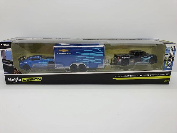 Kit Maisto - Chevrolet Silverado SS 2004 e Chevrolet Camaro SS 2016 com Trailer - Escala 1/64