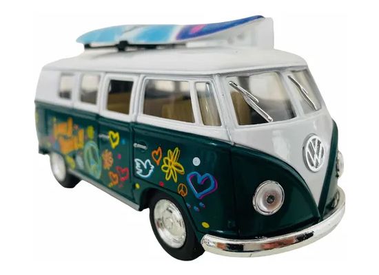 Miniatura Kombi hippie Verde Com Prancha - Escala 1/32 - Kinsmart