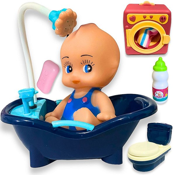 Boneco Com Banheira De Brinquedo Infantil Vinil C/ Acessório