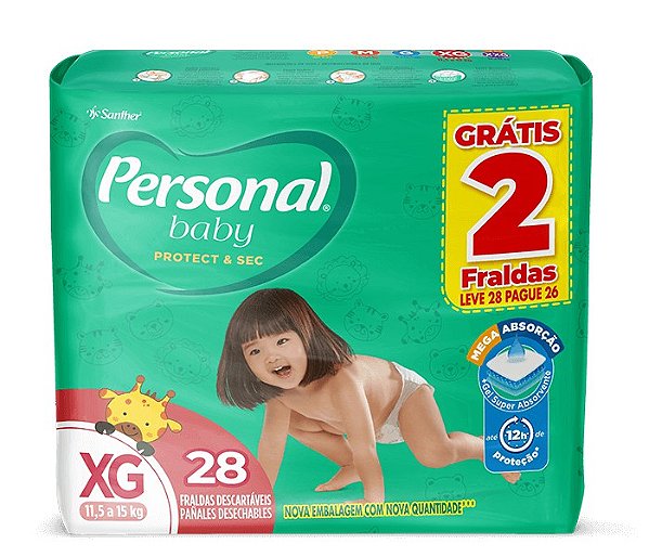 Fralda Infantil Personal Protect & Sec Mega tamanho XG com 28 unidades
