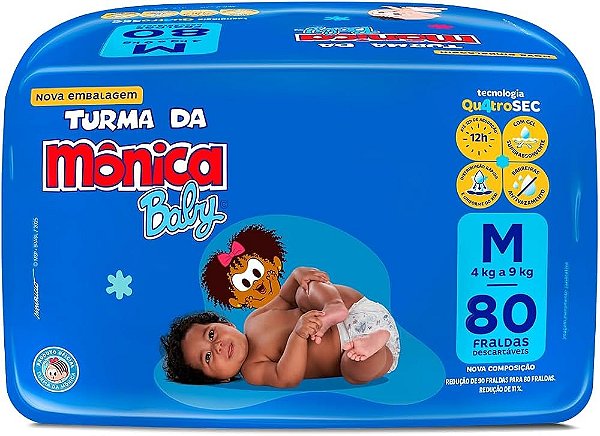 Fralda Infantil Turma da Mônica Baby tamanho M com 80 unidades