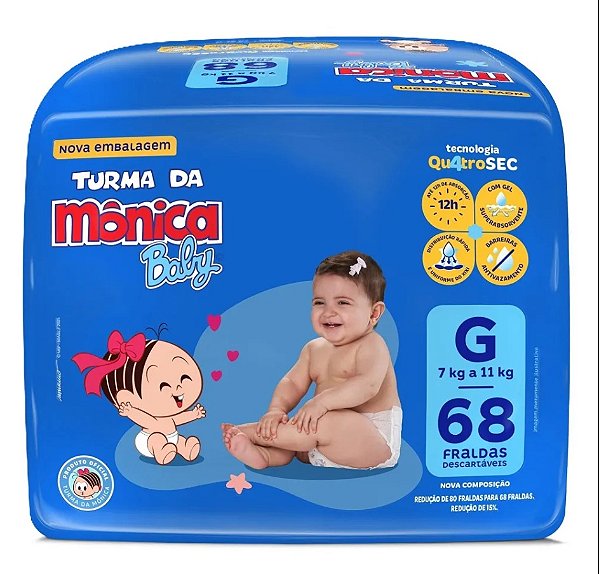 Fralda Infantil Turma da Mônica Baby tamanho G com 68 unidades