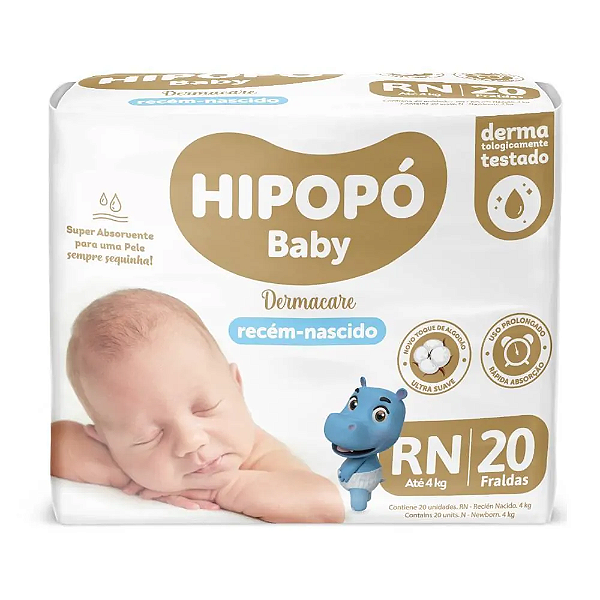 Fralda Infantil Hipopó Baby Recém Nascido com 20 unidades