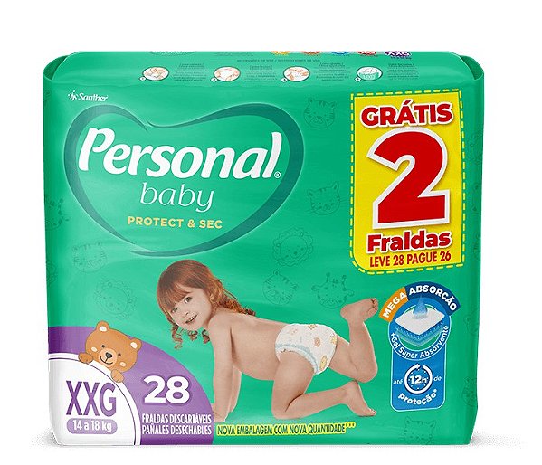Fralda Infantil Personal Protect & Sec Mega tamanho XXG com 28 unidades