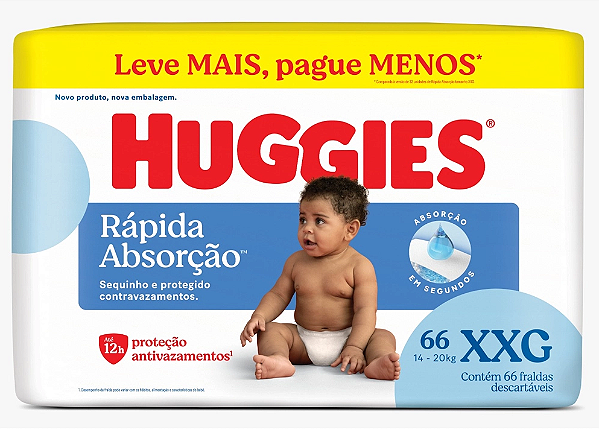 Fralda Infantil Huggies Rápida Absorção tamanho XXG com 66 unidades