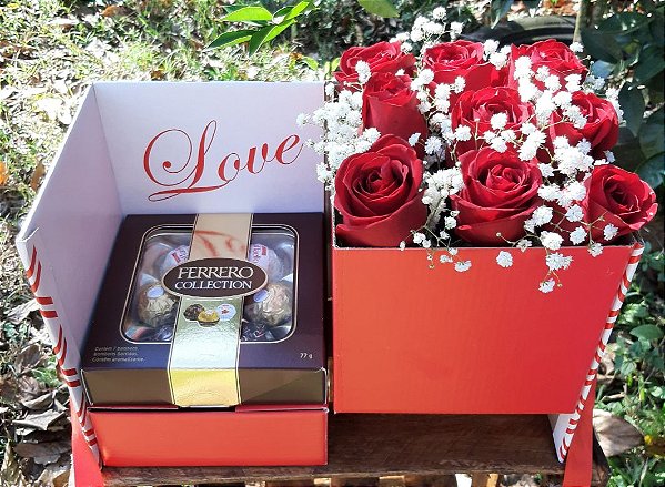 BOX DE ROSAS VERMELHOS COM BOMBONS FERRERO
