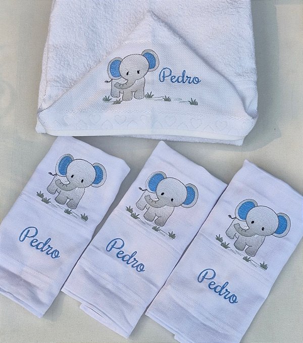 Kit Toalha com Capuz e babetes - Elefantinho