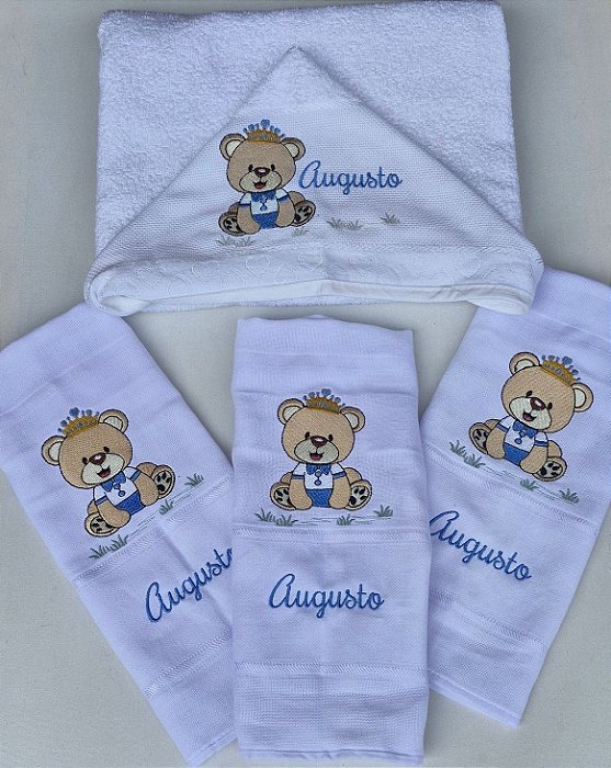 Kit Toalha com capuz e 3 babetes - Ursinho/Ursinha