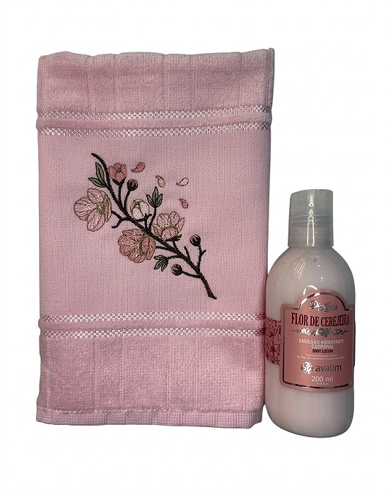 Kit Flor de Cerejeira Emulsão Hidratante 200g Avatim e Toalha de Lavabo bordada