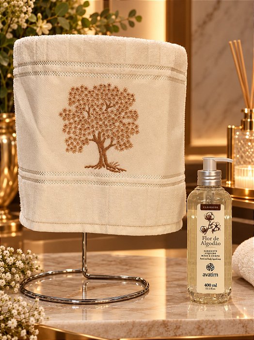 Kit Sabonete Líquido 400ml Avatim Flor de Algodão e toalha de Lavabo Bordada