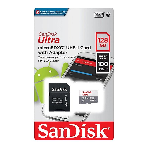 Cartão de Memória 128GB Sandisk Ultra Micro SD Classe 10 com Adaptador- SDSQUNR-128G-GN3MA