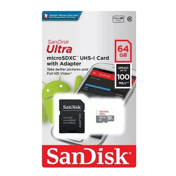 Cartão de Memória 64GB Sandisk Ultra Micro SD Classe 10 com Adaptador- SDSQUNR-64G-GN3MA