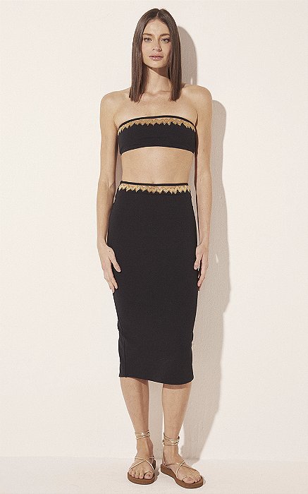 Saia Midi Chacal Bordado Preto