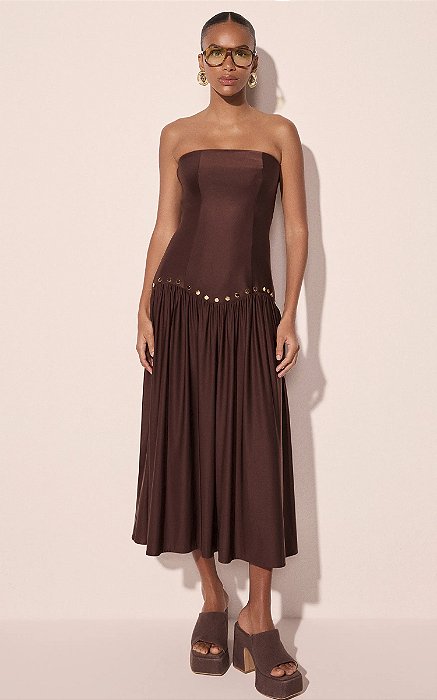 Vestido Longo Rebites Marrom