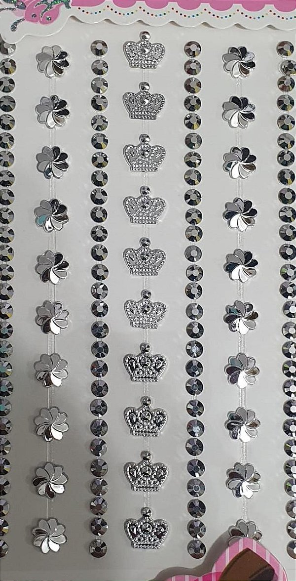 Sticker - Cartela Adesiva - Autocolantes - MIXER- cor prata- 12 mm - cartela com 7 fileiras (flor, coroa e cristal)