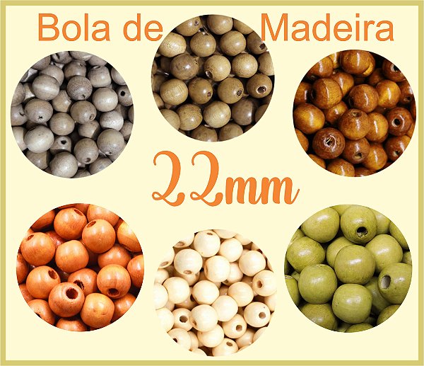 Bola de Madeira (Missanga, Miçanga, Entremeio, bola macramê) - 22mm - Pacote com 10 unidades da mesma cor